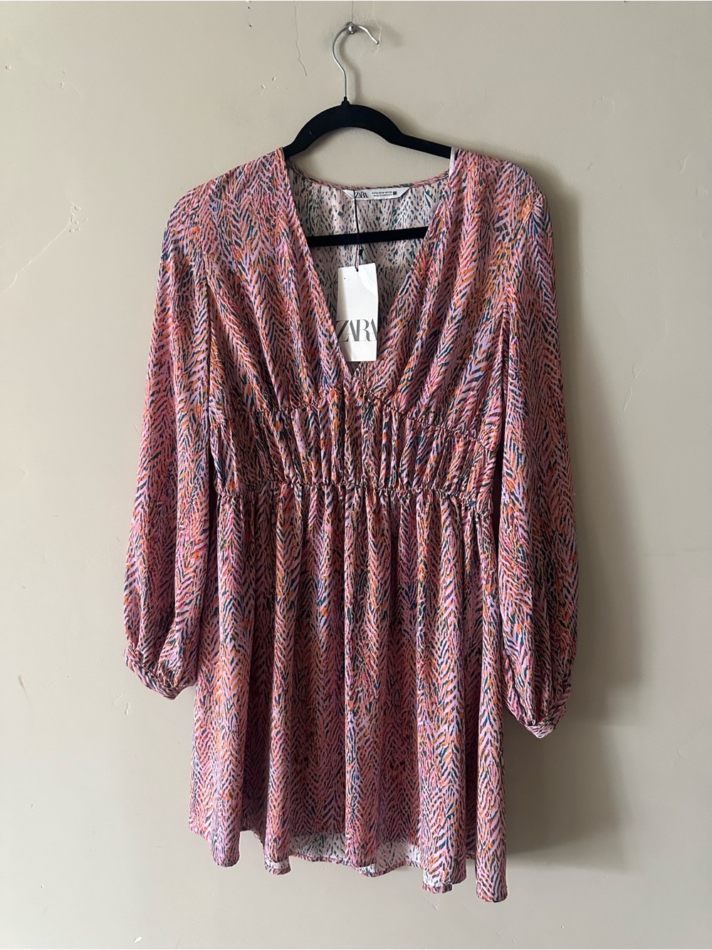 Zara Pink Multi-Color Long Sleeve V-Neck Smocked Dress